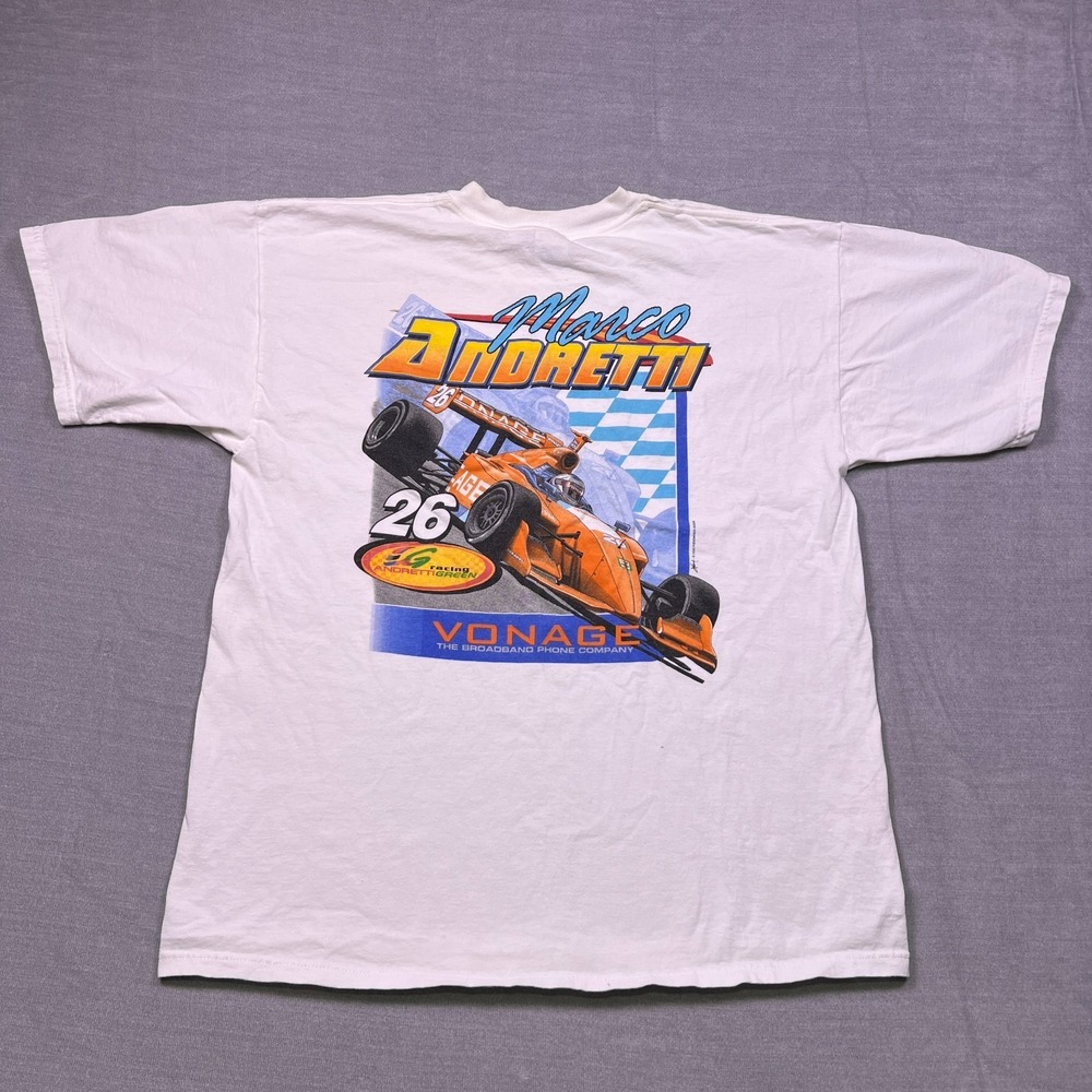 Vintage Gildan Mens White Marco Andretti #26‎ Vonage Racing Graphic T-Shirt XL